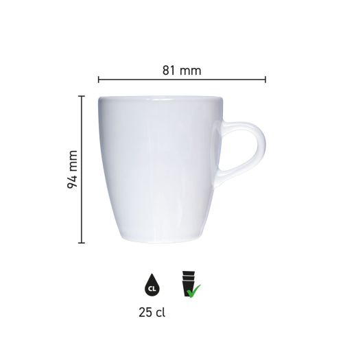 Infographic toont productafmetingen van de Cynthia mok wit 25 cl. porselein in millimeters.